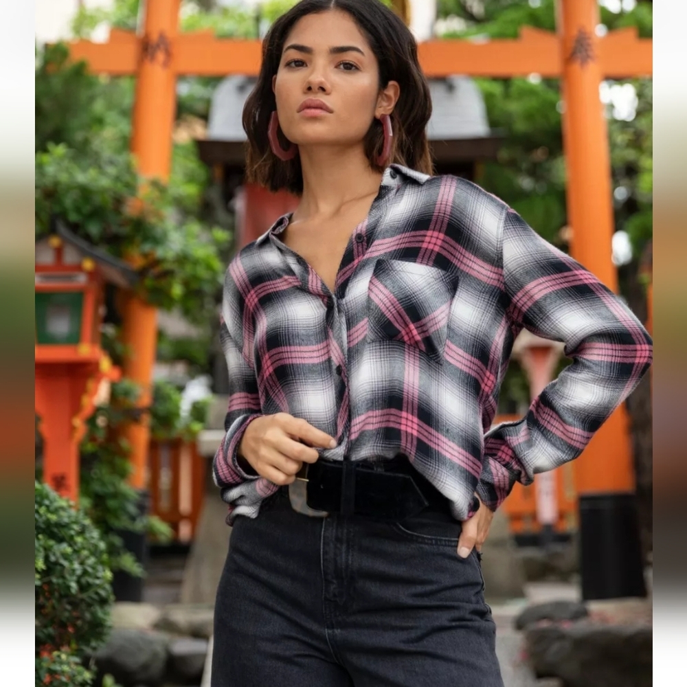 RAILS Hunter Plaid Botton‎ Up Shirt Black/Pink Taffy Long Sleeve Size S Small
